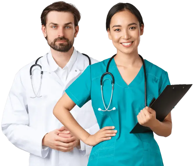 Um médico e uma enfermeira em pé juntos